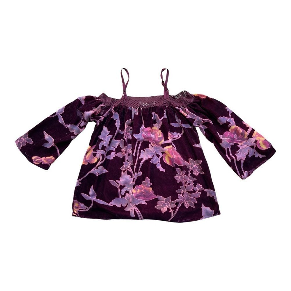 American Rag Floral Velvet Burnout Burgundy Off the Shoulder Size Small Bohemian - Picture 9 of 9